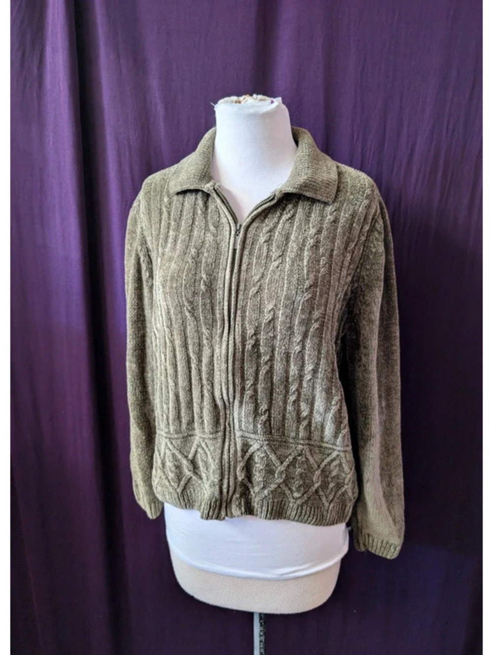 Olive Green Khaki Chenille Cardigan Sweater PL